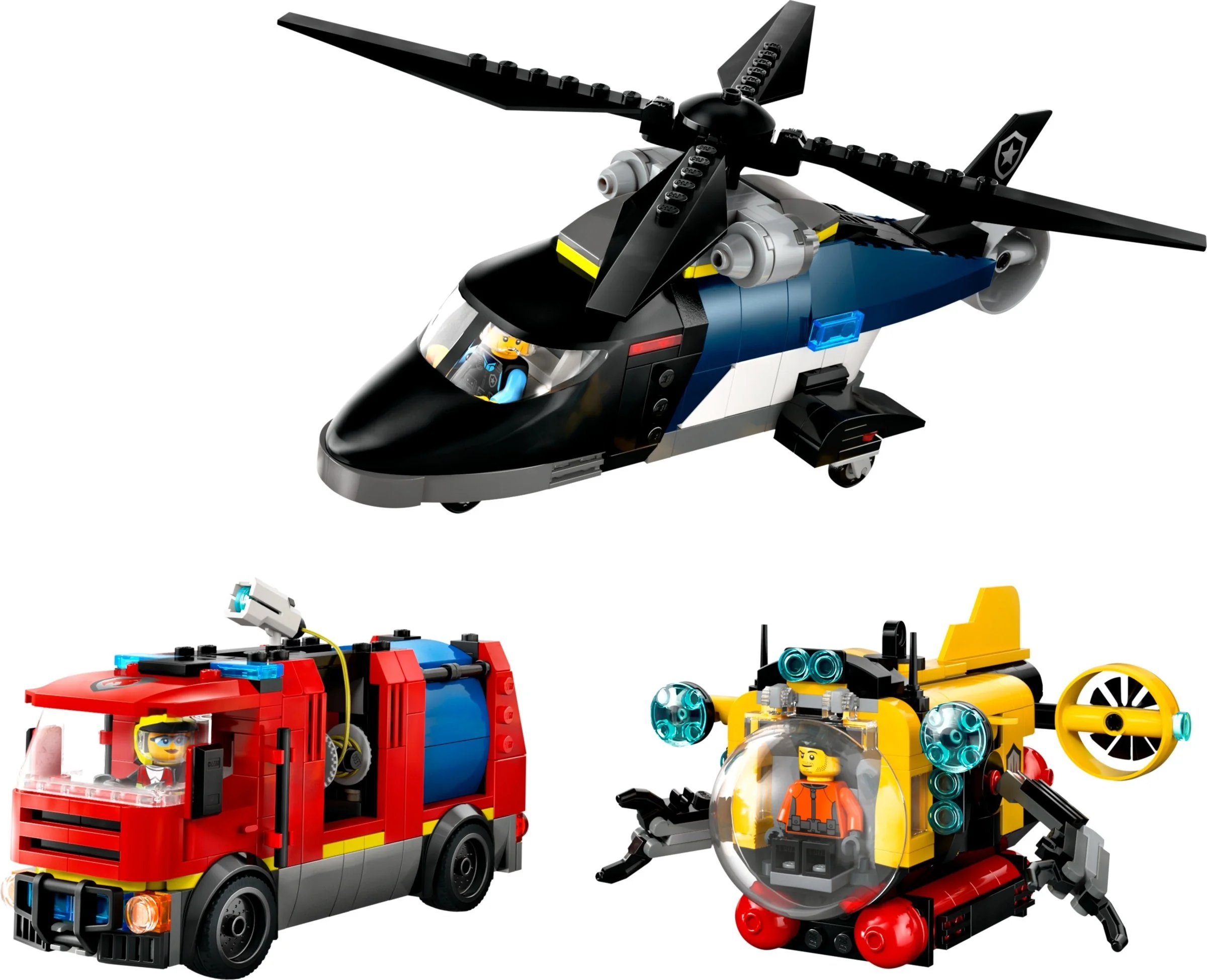 Kombinationsset mit Hubschrauber, Löschauto und U-Boot - Bild 1